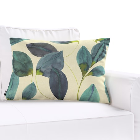 Poszewka Kinga na poduszkę prostokątną 60x40 liście w kolorze szmaragdowej zieleni z fioletem na lnianym tle