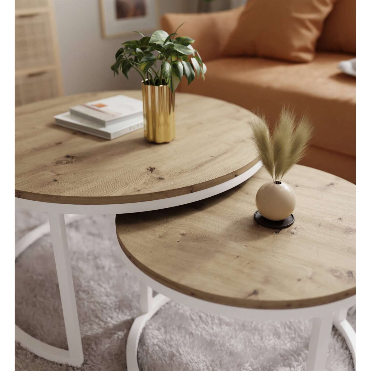 Okrągły stolik kawowy CIRI 2w1 biały dąb artisan
