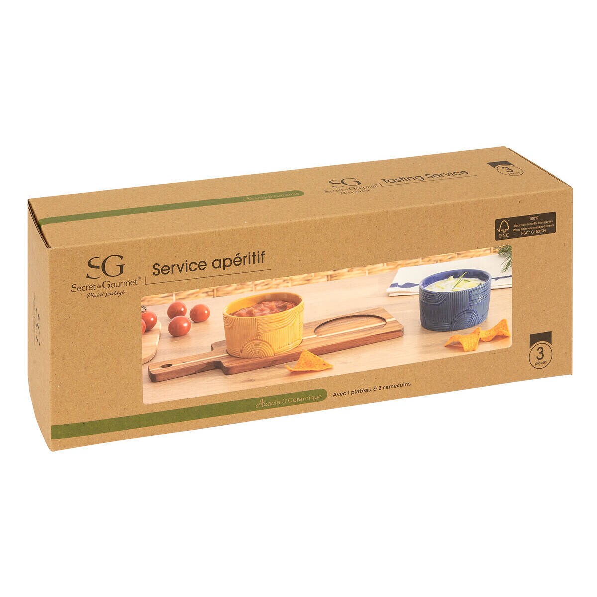 Miseczki do dipów SOLEYA, 2 naczynia i deska z akacji