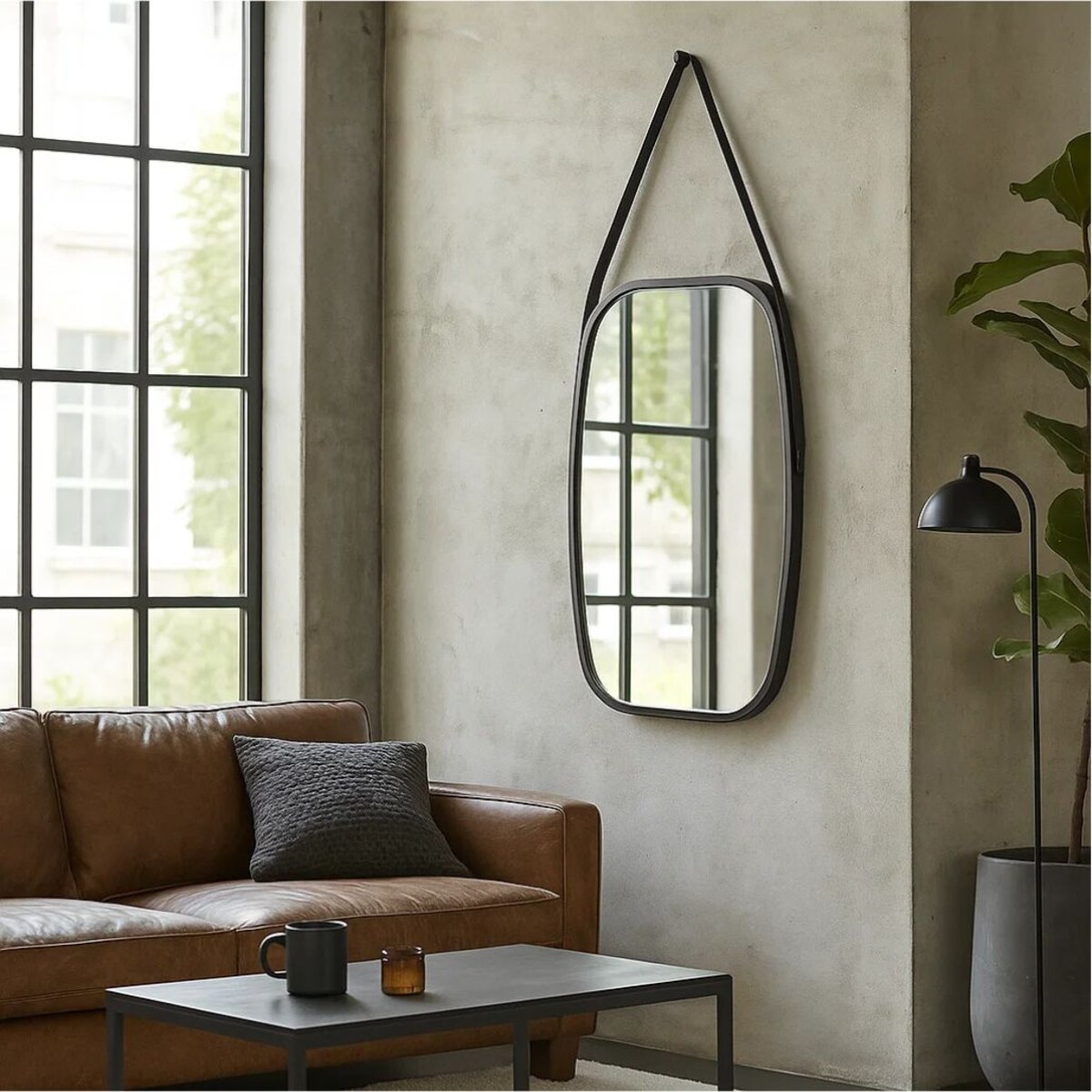 Prostokątne lustro ze skórzanym uchwytem, 43 x 65 x 3 cm