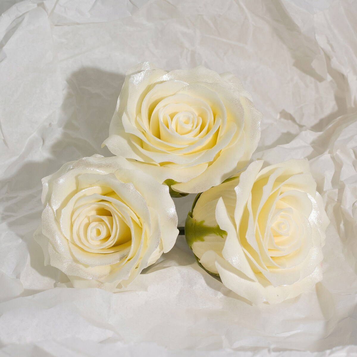 RÓŻA 5 warstwowa Z POŁYSKIEM KREMOWA KWIATY MYDLANE na bukiet stroik 3szt