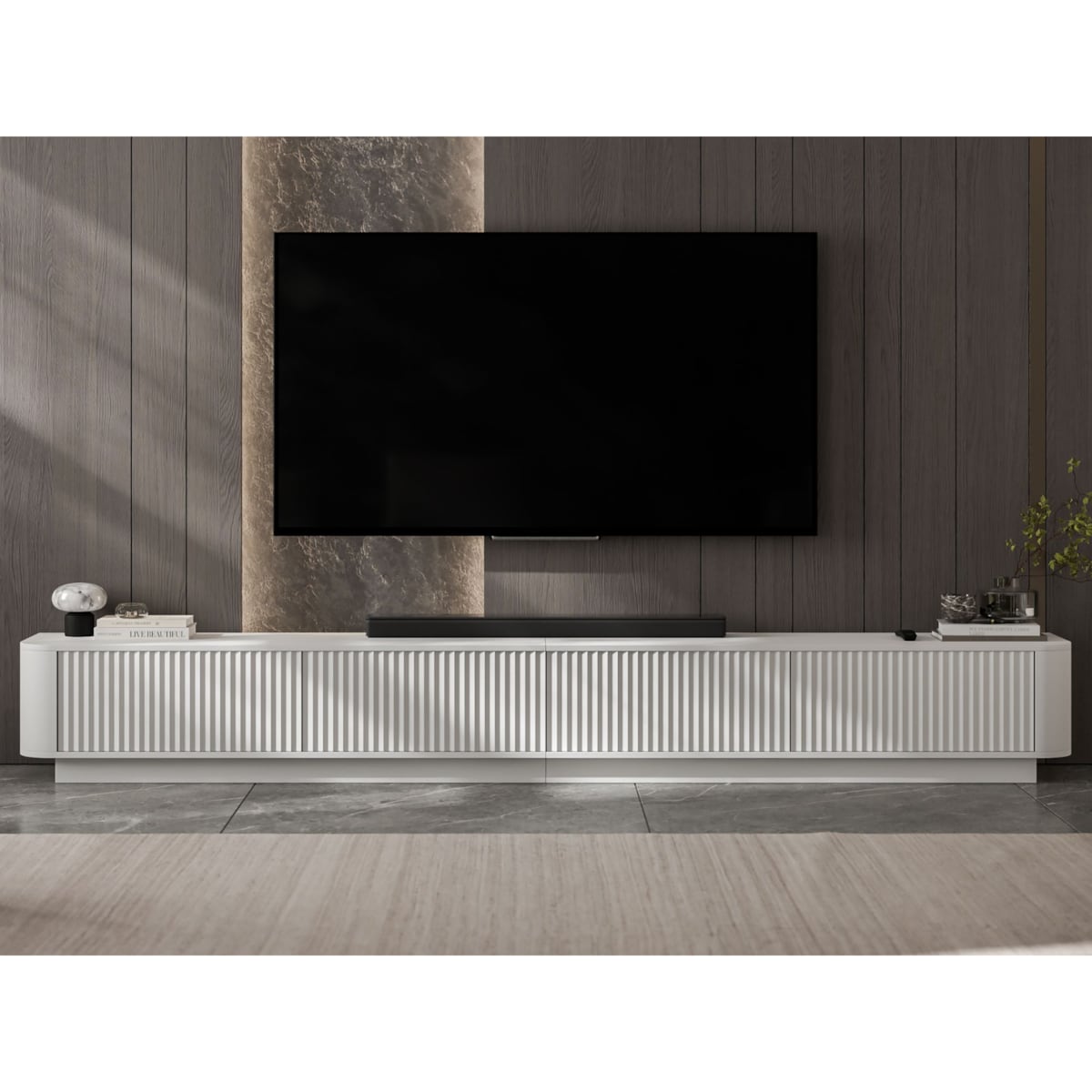Szafka RTV Uniwersalna 280 cm Glamour Ryflowane Fronty Biały Mat Nowoczesna Komoda RTV