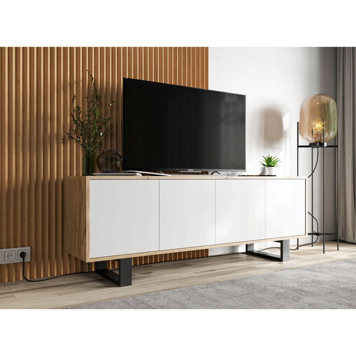 Nowoczesna Szafka RTV Loft Komoda RTV 150 cm Dąb Wotan Biały MAT