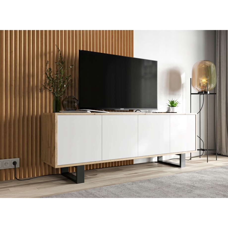 Nowoczesna Szafka RTV Loft Komoda RTV 150 cm Dąb Wotan Biały MAT