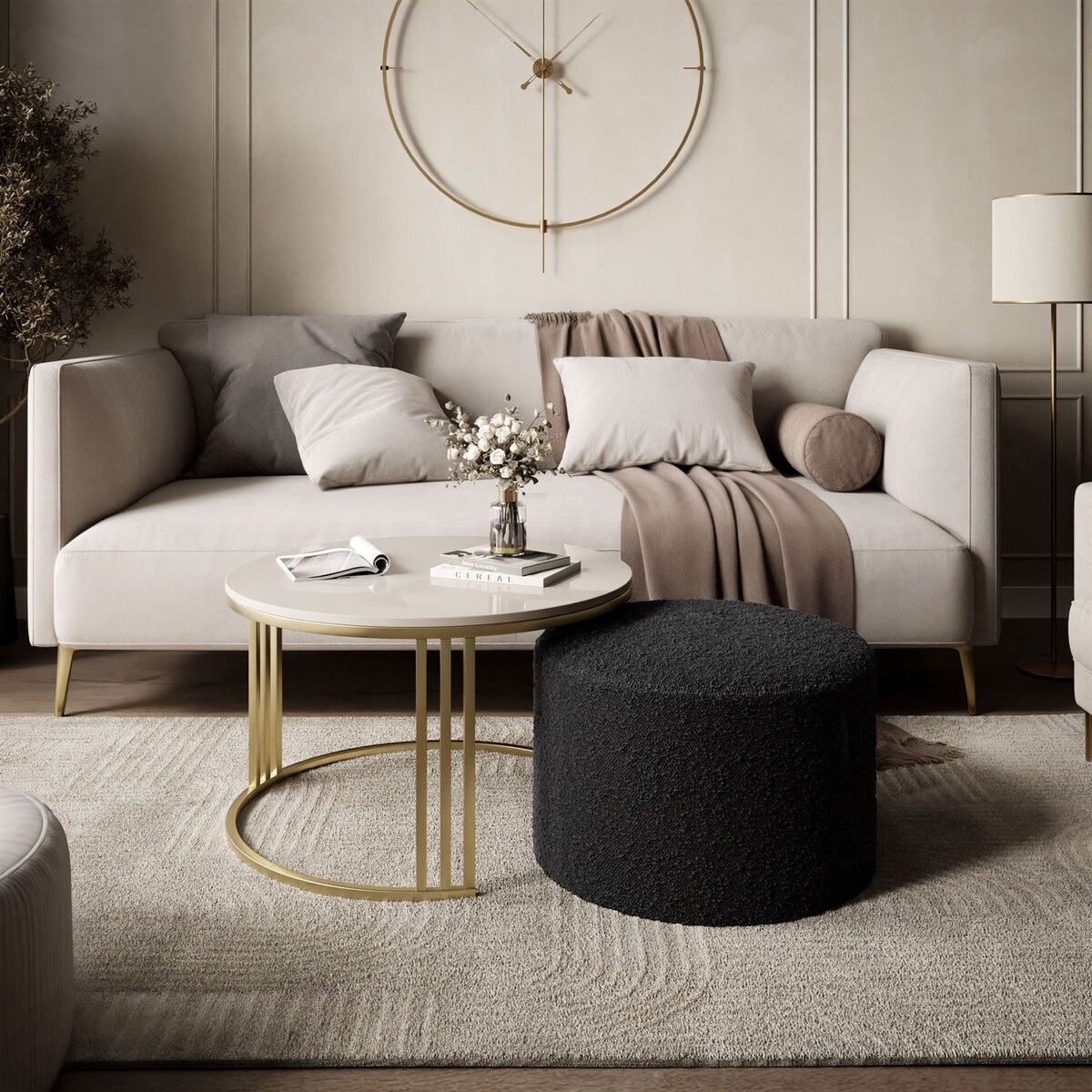 Stolik kawowy z pufą LORI POŁYSK złoto szczotkowane, kaszmir / Coral 60