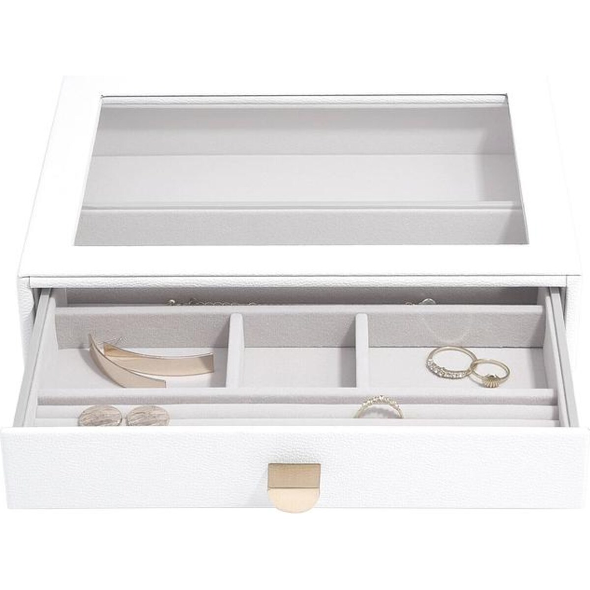 Szkatułka na biżuterię Stackers Pebble 6 komorowa classic biała z szufladą i szklaną pokrywką