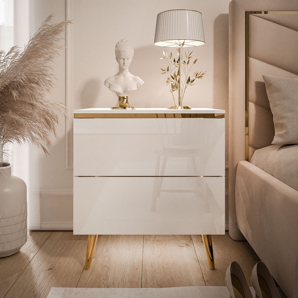 Stolik nocny AURORA II biały połysk nogi skośne LED