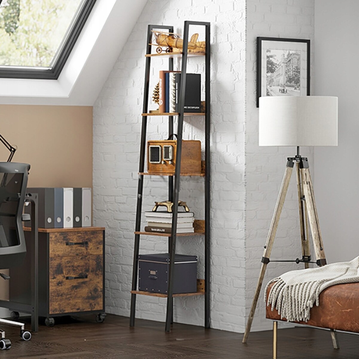 Industrialny Regał Stojący Czarny 5 Półek Drabinka Na Książki Loft Modern