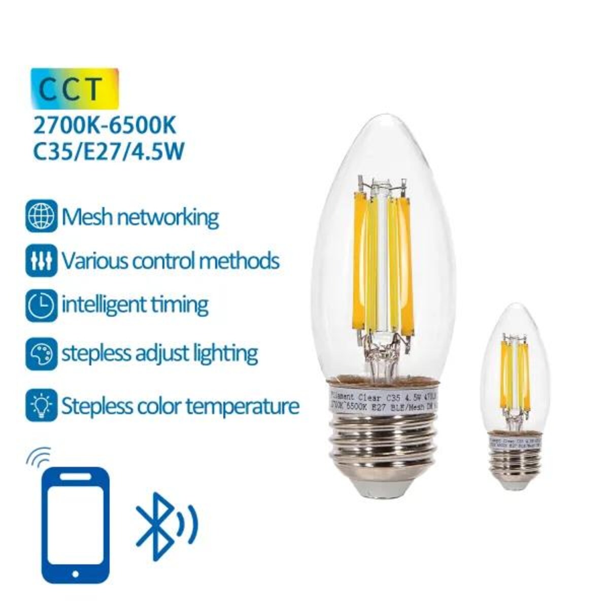 inteligentna żarówka bluetooth mesh c35 4.5w cct 2 szt. ,z pilotem