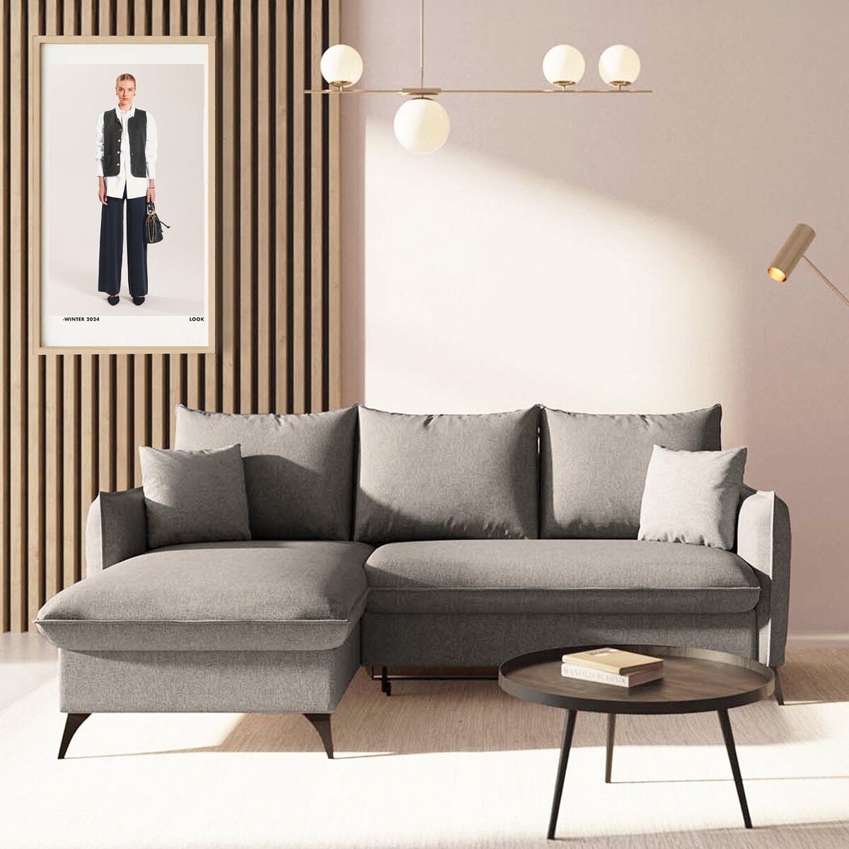 Brim Sofa narożna lewa z funkcją spania i pojemnikiem lewa szara