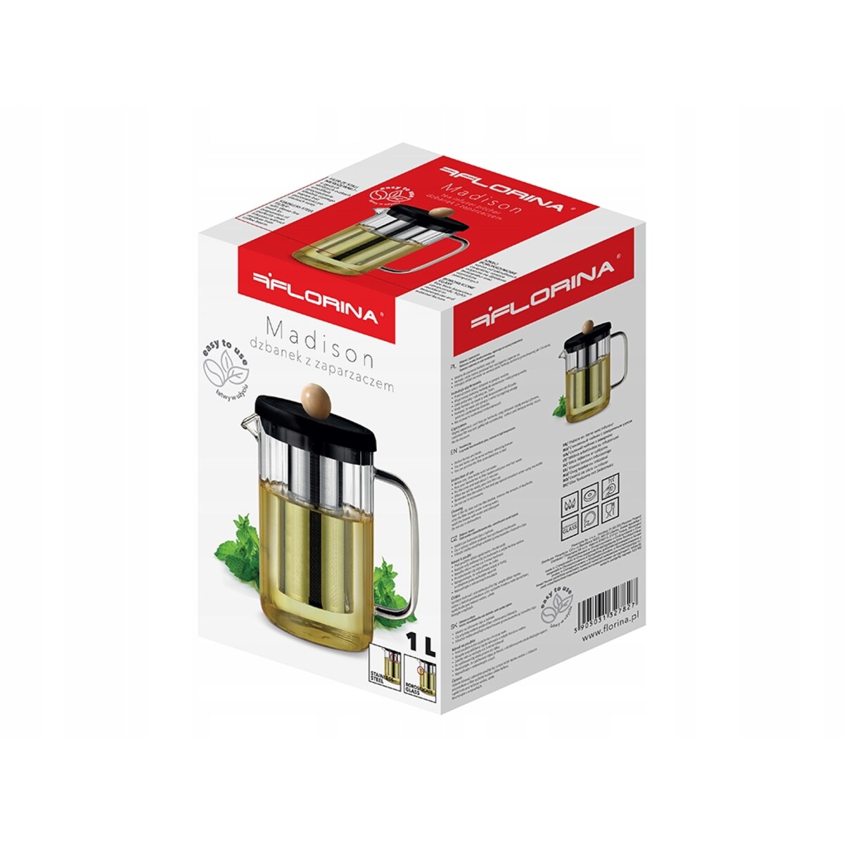 DZBANEK SZKLANY Z ZAPARZACZEM sitko imbryk czajnik na zioła herbatę 1 L