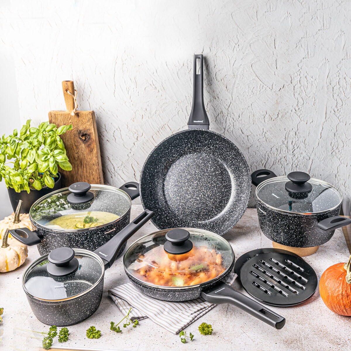 Komplet garnków z marmurkową powłoką nieprzywierającą 12-ele KLAUSBERG