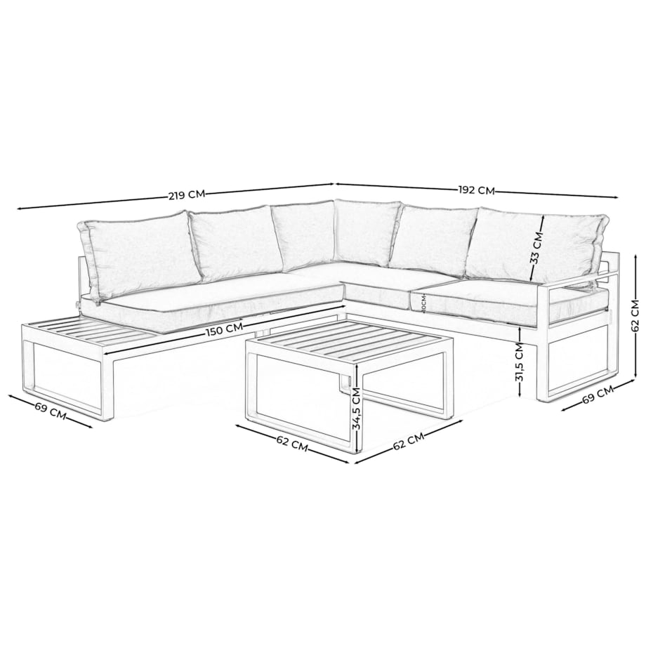 MEBLE OGRODOWE ALUMINIOWE NAROŻNIK NICEA SZARA LEWA