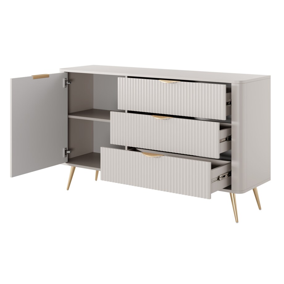 Komoda mała ryflowana D3S LENA beżowa na złotych nóżkach