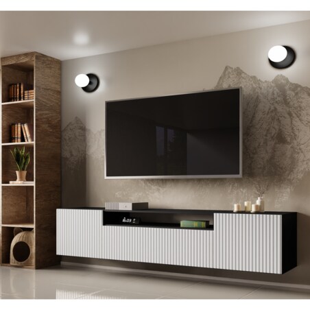 Szafka RTV NOELI, wisząca z ryflowanymi frontami do salonu- biało-czarna