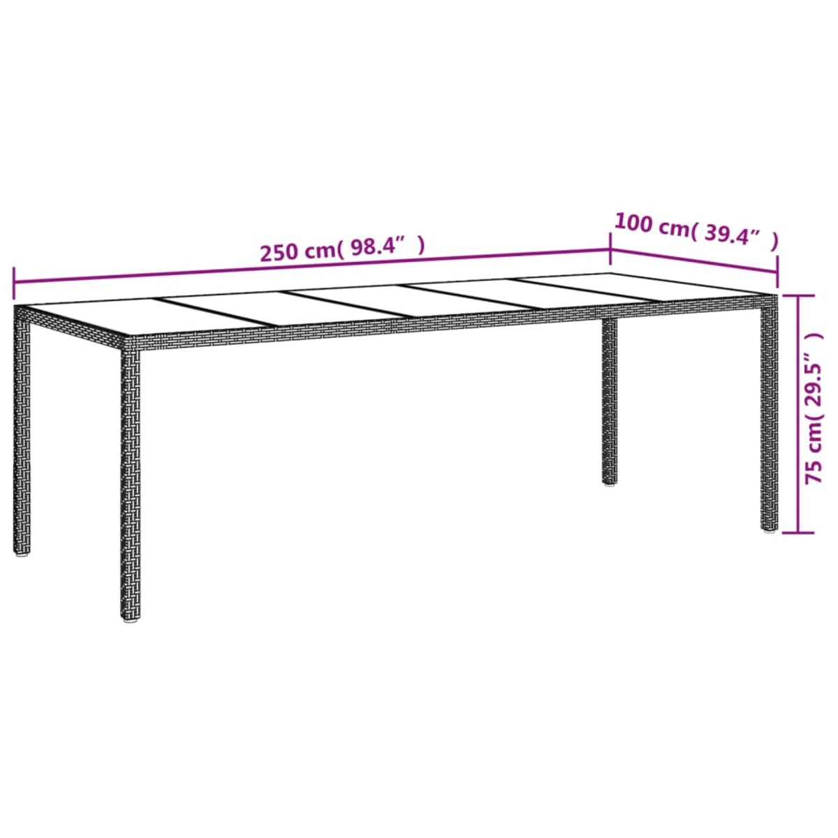vidaXL Stół ogrodowy, biały, 250x100x75cm, rattan PE i szkło hartowane