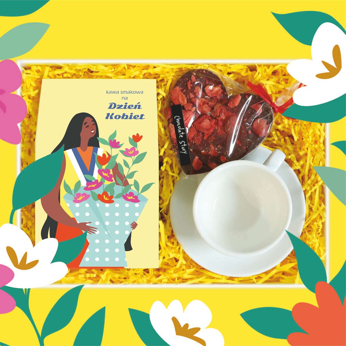 Zestaw prezentowy dla Niej. Box z kawą na Dzień Kobiet na prezent upominek. Zestaw 10 mielonych kaw smakowych, elegancka biała filiżanka ze spodkiem i czekoladowe serce z truskawkami