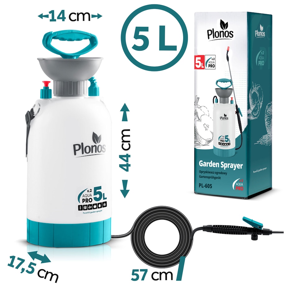 Opryskiwacz ciśnieniowy ręczny Plonos PL-605 ogrodowy 5l z regulowaną lanca dysza
