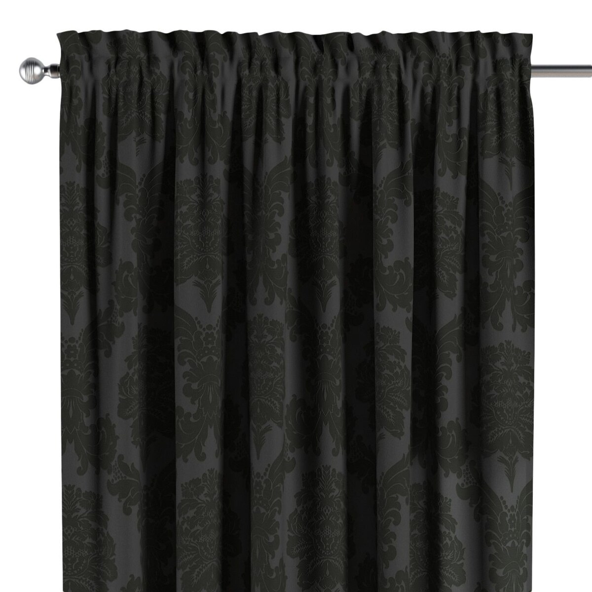 Zasłona na kanale z grzywką 1 szt. 130x260 czarne liście akantu na grafitowym tle