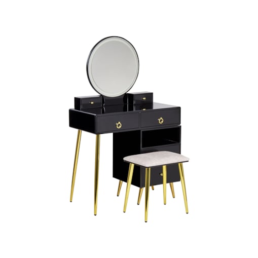 Toaletka 6 szuflad lustro LED ze stołkiem czarno-złota YVES