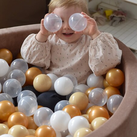 MeowBaby® Velvet Beżowy Okrągły Suchy Basen 90x30cm dla Dziecka, piłki: Biały/Transparent