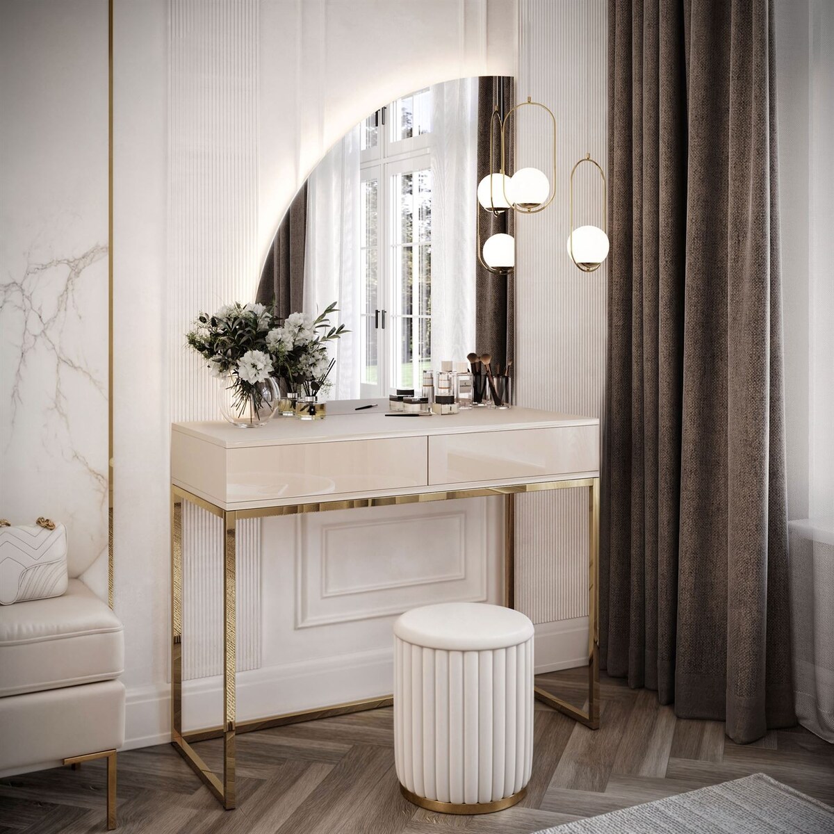 Toaletka kosmetyczna QUINNIE KASZMIR z lustrem LED złoty chrom, lewa, push-to-open