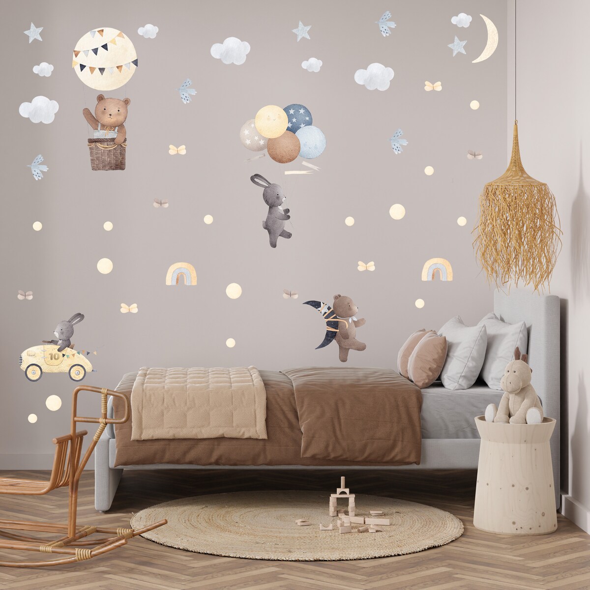 Naklejki Dla Dzieci ZWIERZĘTA Styl Boho Księżyce Gwiazdy Balony ZESTAW