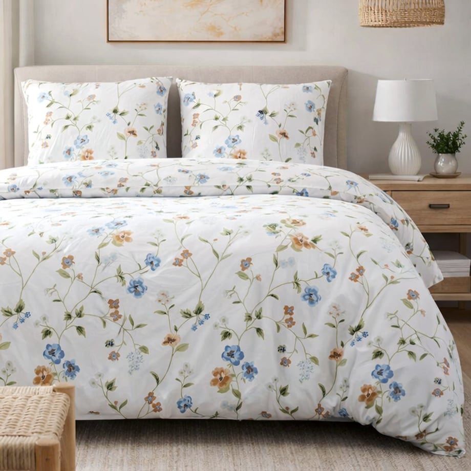 Pościel bawełniana 220x200 Meadowe biała w kolorowe kwiaty, Cottonlove