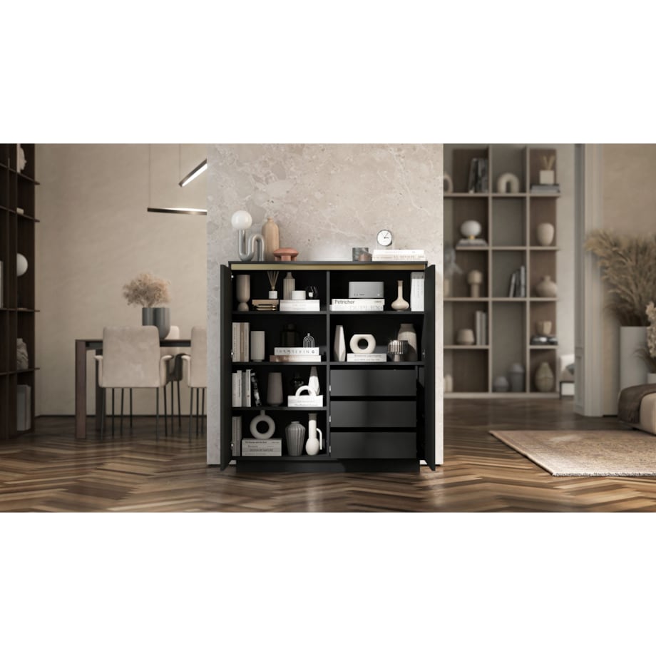 Nowoczesna Komoda Glamour Szafka RTV Czarny MAT ryflowane fronty 110,8 cm