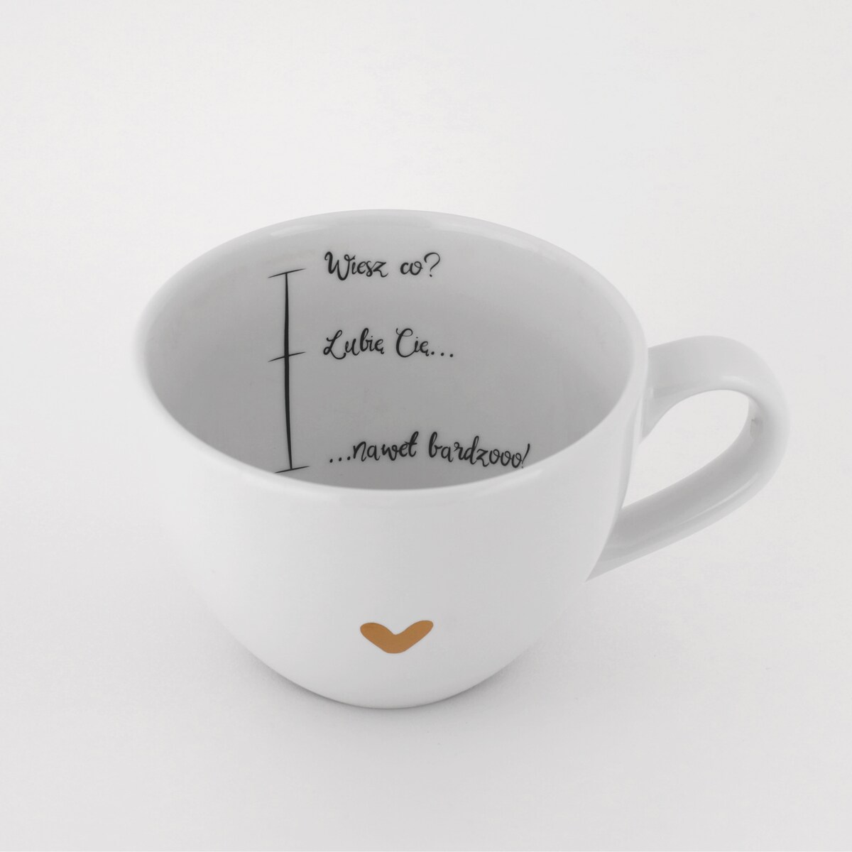 Biały kubek porcelanowy 500 ml - motyw złotego serca z miarką i napisem lubię Cię dla bliskiej osoby na walentynki