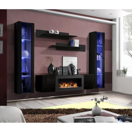 Meblościanka FLY M2 czarny połsyk/czarny mat z biokominkiem