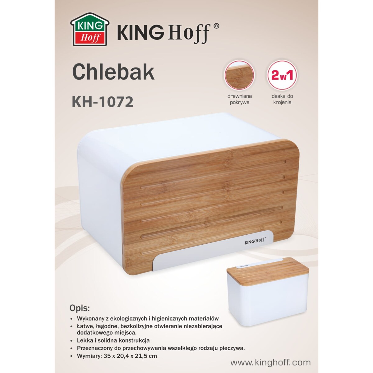 Chlebak stalowy z deską do krojenia biały KINGHOFF