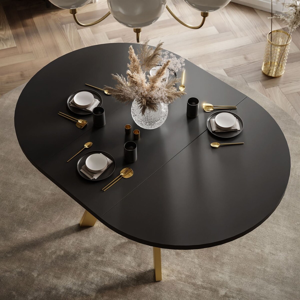 Okrągły stół rozkładany VOLTA MATT, nogi złoty, blat czarny