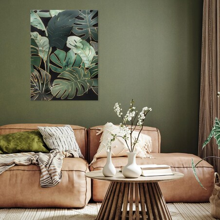 OBRAZ LIŚCIE ZIELONE MONSTERA NA PŁÓTNIE ŚCIANĘ DO SYPIALNI SALONU 120x80