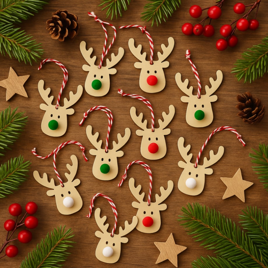 Zawieszki drewniane RENIFERY na choinkę ozdoby zestaw na prezent w pudełku