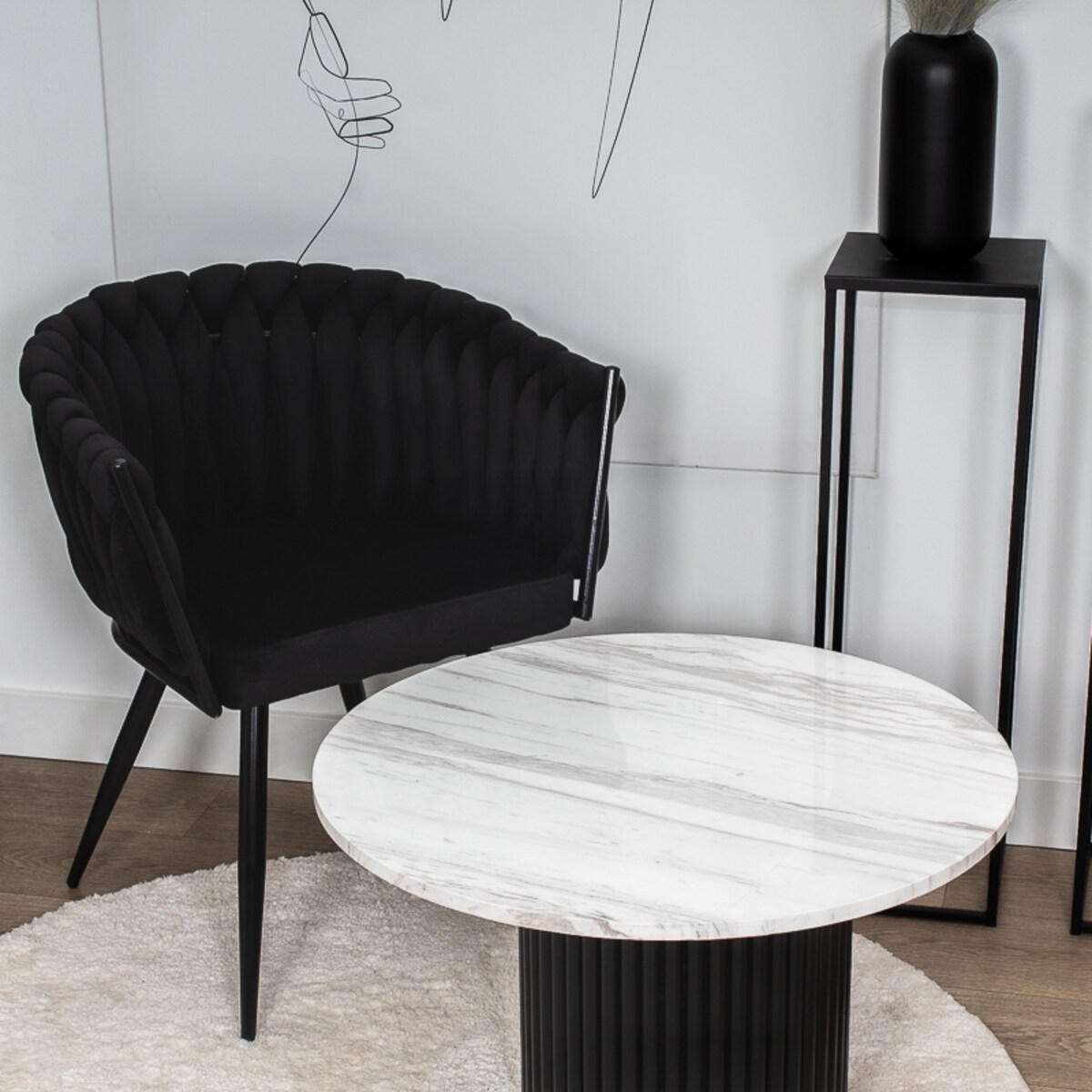 Krzesło tapicerowane do salonu glamour welurowe plecione czarne