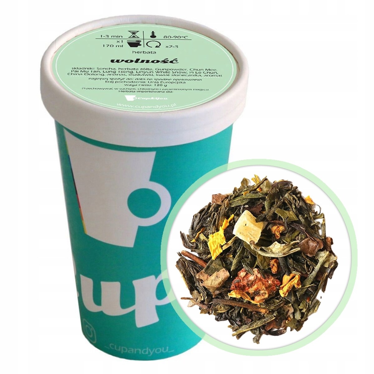 Herbata zielona WOLNOŚĆ premium truskawki ananas kwiat słonecznika 120g - herbata liściasta sypana mieszanka napar susz