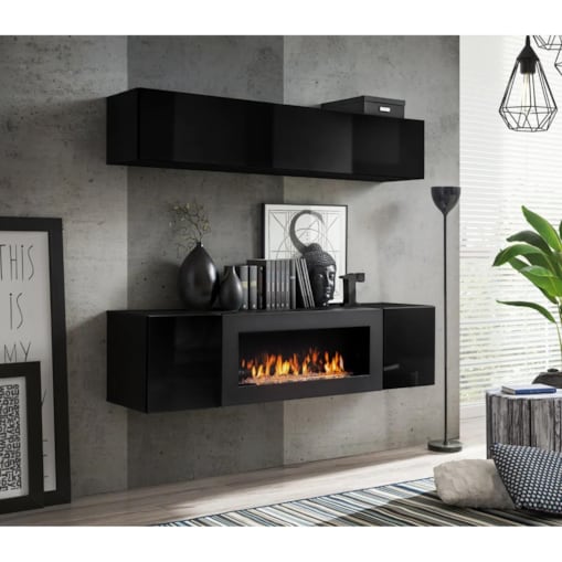 Meblościanka FLY N1 czarny połysk/czarny mat z biokominkiem