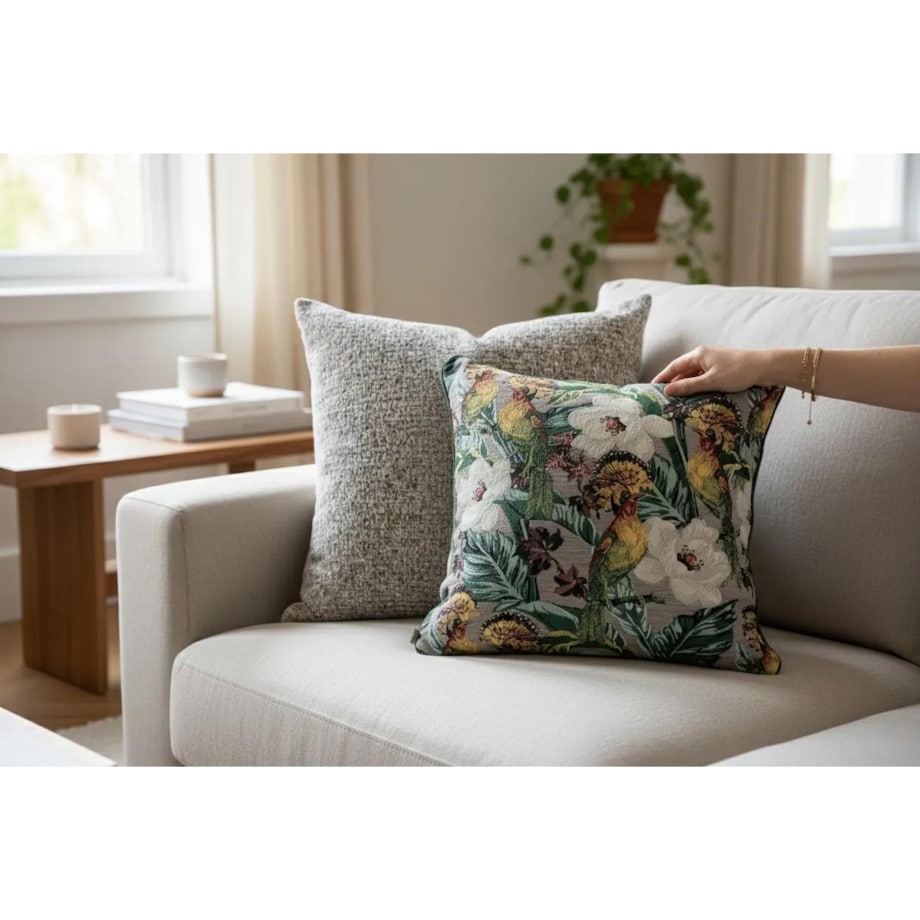 Szary zestaw poduszek w tropikalne liście - Echo Puszczy