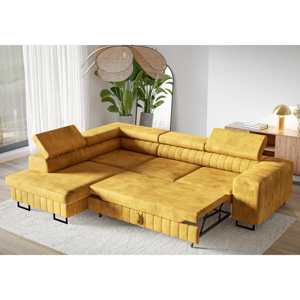 Narożnik NOLA do salonu, regulowane zagłówki-lewostronny- Terra musztardowy