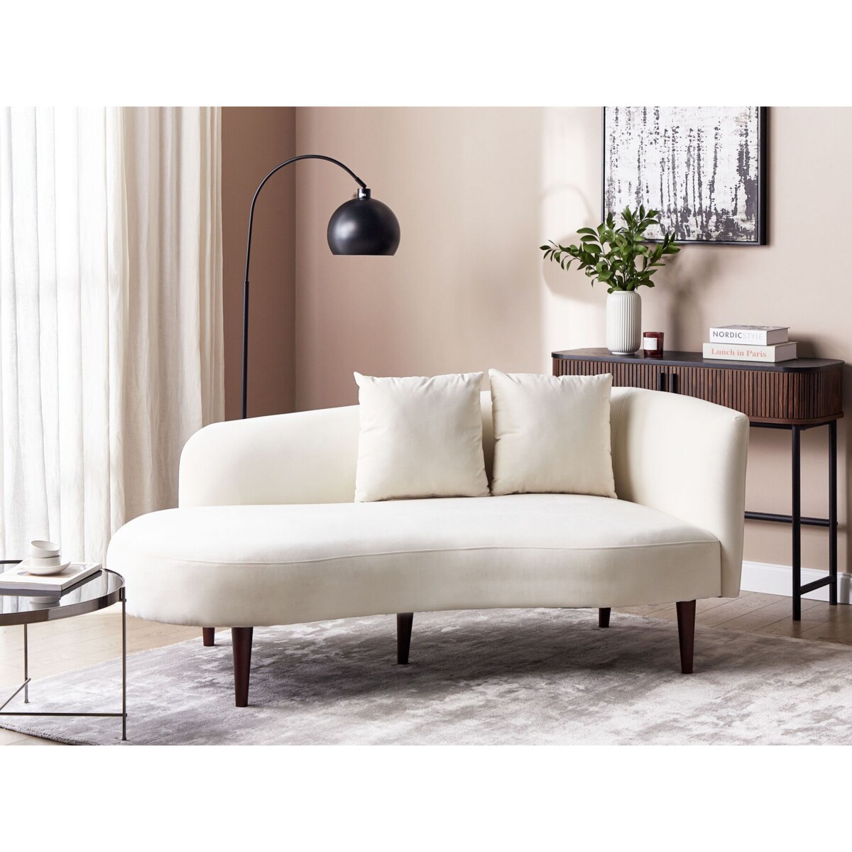 Szezlong welurowy prawostronny kremowy CHAUMONT