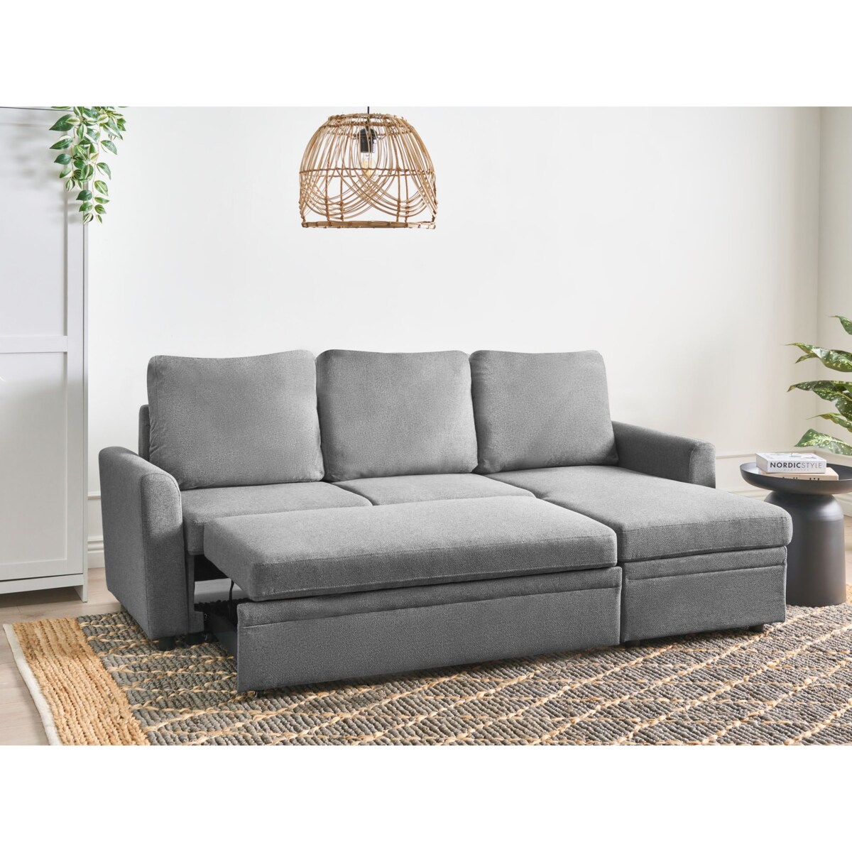 Narożnik rozkładany NASSJO Len syntetyczny Szary dla 3 osób Lewostronny