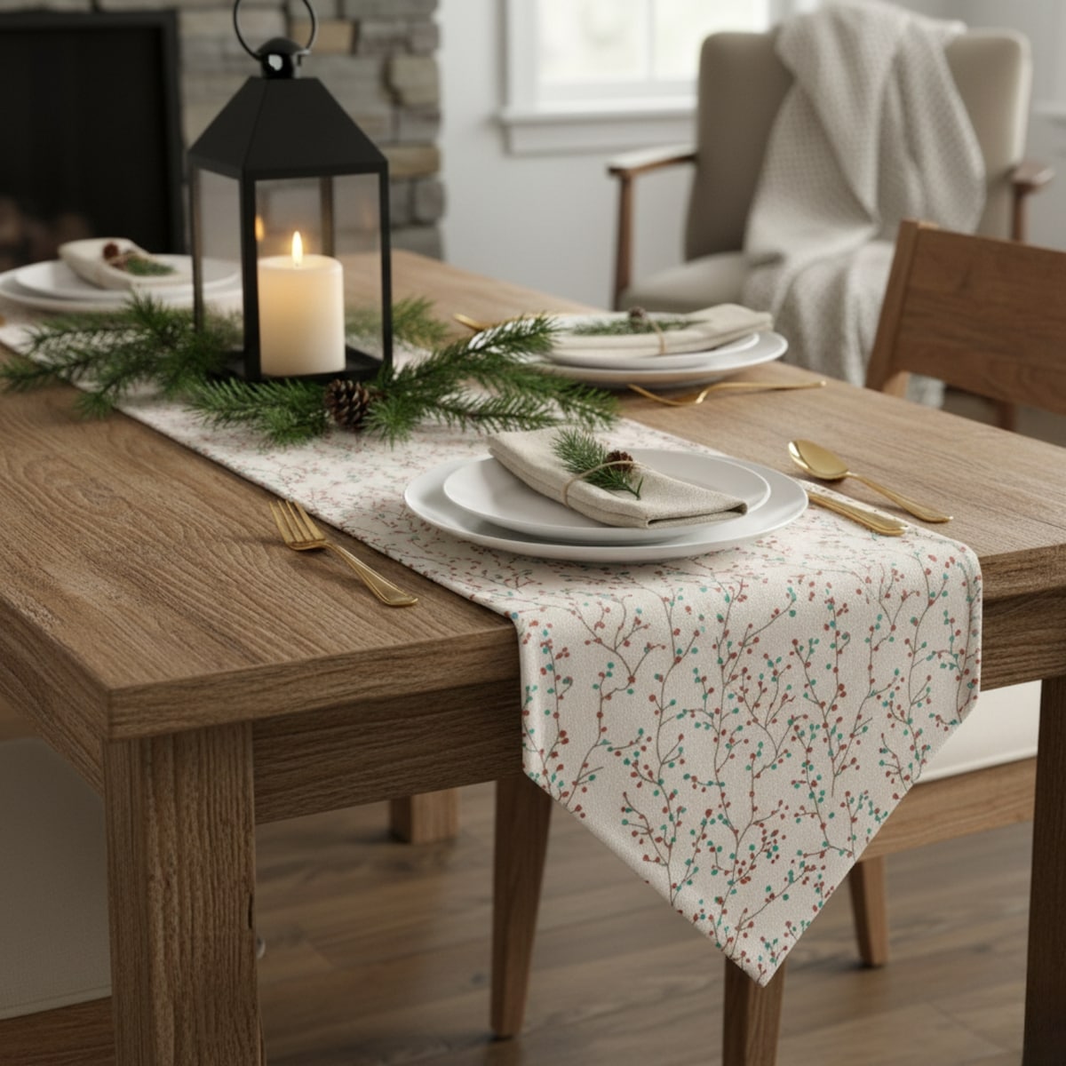 Świąteczny bieżnik na stół, gałązki, 150 cm