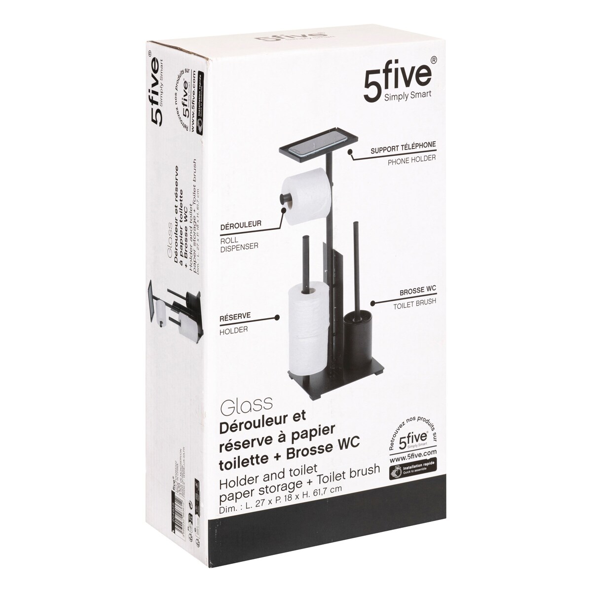Stojak na papier toaletowy GAMME GLASS + rezerwa, szczotka WC i półeczka, 28,1 x 18 x 61,5 cm