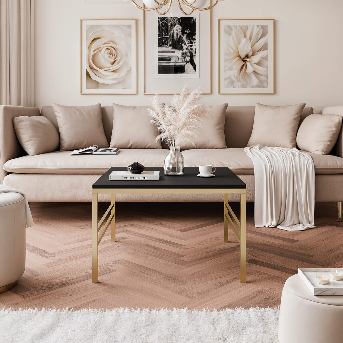Stolik kawowy CZARNY blat, ZŁOTY stelaż 60cm FORMA