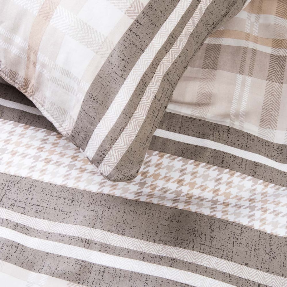 Pościel bawełniana 220x200 Linea w beżowe pasy i kratkę, Cottonlove