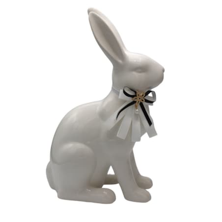 Figurka - biały królik z biało-czarną kokardą 37x23x13,5 cm z perełką