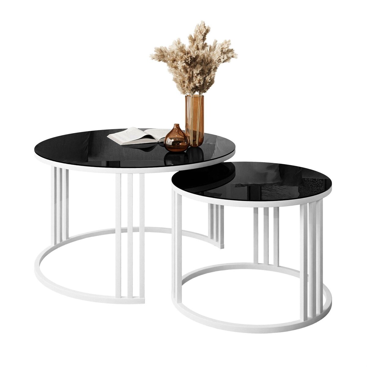 Okrągły stolik kawowy LORI 2w1 biały czarne szkło