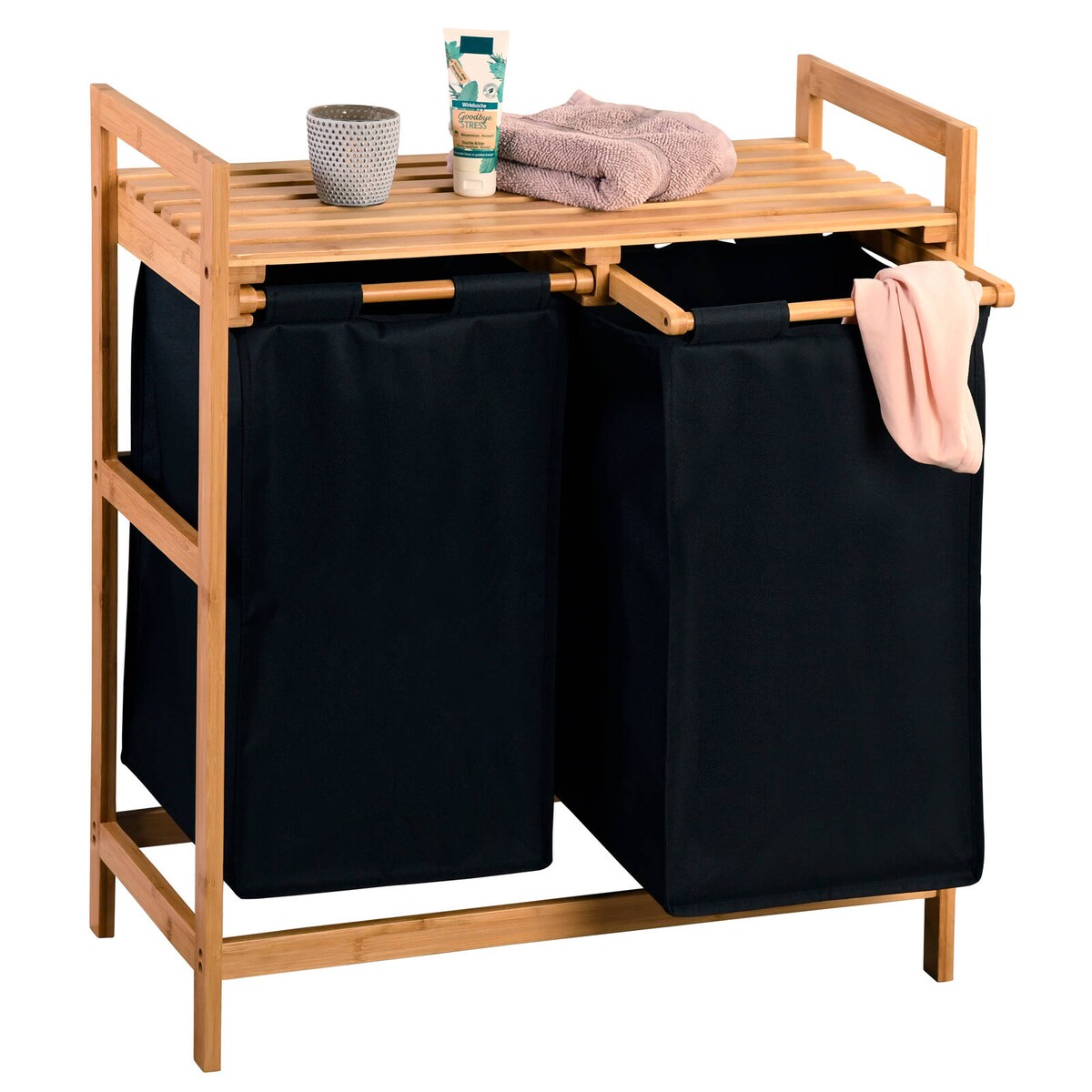 Bambusowy kosz na pranie, dwukomorowy, 64 x 73 cm