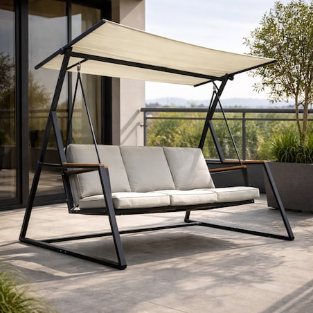 Huśtawka OGRODOWA 3-osobowa bujana z DASZKIEM duża METALOWA wolnostojąca